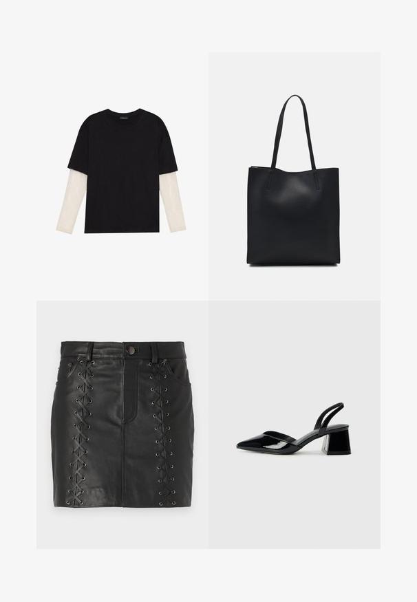 Zwarte T-shirt van katoen, met korte mouwen over een witte lange mouw laag met een subtiel textuurpatroon. Ronde hals ontwerp.; Zwarte leren minirok met veterdetails aan de zijkanten met metalen oogjes, vijfzakontwerp en een aansluitende silhoeët.; Zwarte gepatineerde leren slingback hakken met een spitse neus en een geometrische blokhak. Kenmerkt zich door een slank, minimalistisch ontwerp en een gladde textuur.; Zwarte leren handtas met een gladde textuur, rechthoekige vorm en twee lange handvaten. Geen zichtbare hardware of versieringen.