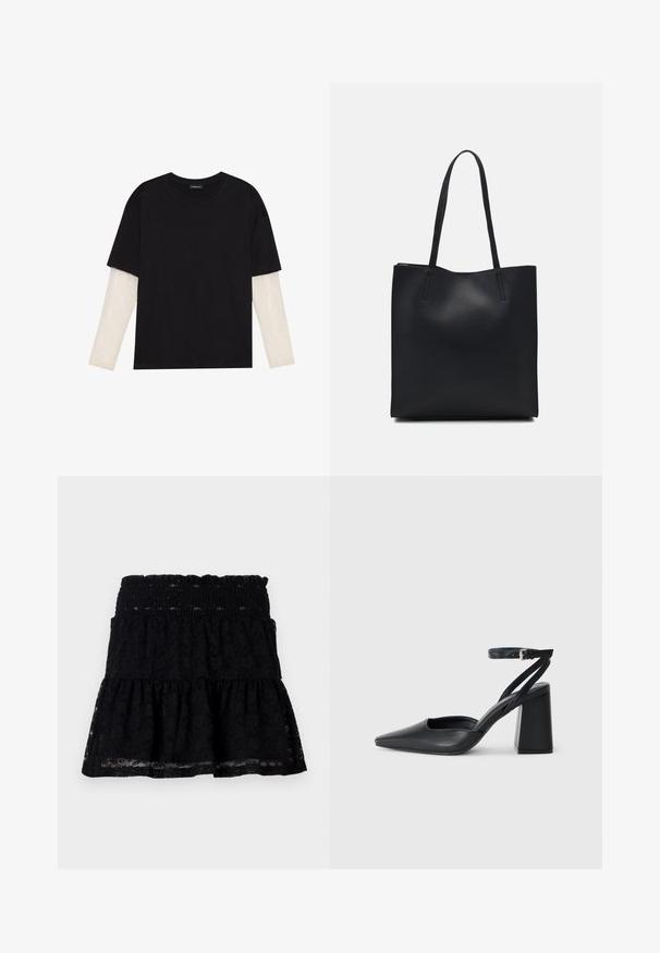 Fekete pamut póló, rövid ujjal, fehér hosszú ujjú réteg fölött, finom textúrával. Kerek nyakkivágású dizájn.; Fekete csipkés szoknya smocked derékkal. Csinos, réteges kialakítással és átlátszó textúrával rendelkezik, amely réteges megjelenést kölcsönöz.; Fekete bőr, hegyes orrú magassarkú cipő boka pánttal és vastag sarokkal. Sima textúra, elegáns dizájn és minimális esztétika.; Fekete bőrtáska sima felszínnel, téglalap alakú, két hosszú füllel. Nincs látható fémkiegészítő vagy díszítés.
