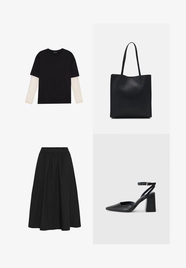 Black T-shirt made of cotton, featuring short sleeves over a white long-sleeve layer with a subtle textured pattern. Crew neckline design.; Black, knee-length skirt made of cotton, featuring an elastic waistband, gathered texture, and a smooth finish with no visible patterns.; Black leather pointy-toe pump with an ankle strap and a chunky heel. Flat texture, sleek design, and minimalistic aesthetics.; Black leather tote bag with smooth texture, rectangular shape, and two long handles. No visible hardware or embellishments.