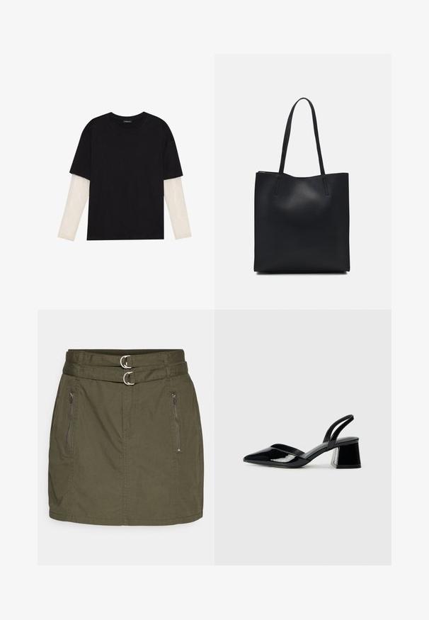 Crni majica od pamuka, s kratkim rukavima preko bijele dugorukave slojevite s suptilnim teksturiranim uzorkom. Dizajn s okruglim izrezom.; Maslinasto zeleni suknja s pojasom koji sadrži dva srebrna prstena, dva bočna džepa na zip, te ravni, krojeni dizajn.; Crne lakirane kožne sandale s otvorenom petom i špicastim vrhom, s geometrijskom blok petom. Imaju elegantan, minimalistički dizajn i glatku teksturu.; Crna kožna torba za nošenje s glatkom teksturom, pravokutnim oblikom i dvije duge ručke. Nema vidljivih metalnih dijelova ili ukrasa.