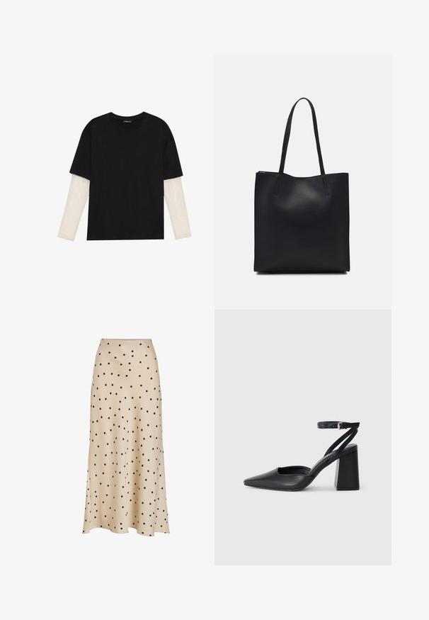 Black T-shirt made of cotton, featuring short sleeves over a white long-sleeve layer with a subtle textured pattern. Crew neckline design.; Beige midi skirt made of smooth fabric, featuring an all-over black polka dot pattern, with a slightly flared silhouette and slit detail.; Black leather pointy-toe pump with an ankle strap and a chunky heel. Flat texture, sleek design, and minimalistic aesthetics.; Black leather tote bag with smooth texture, rectangular shape, and two long handles. No visible hardware or embellishments.