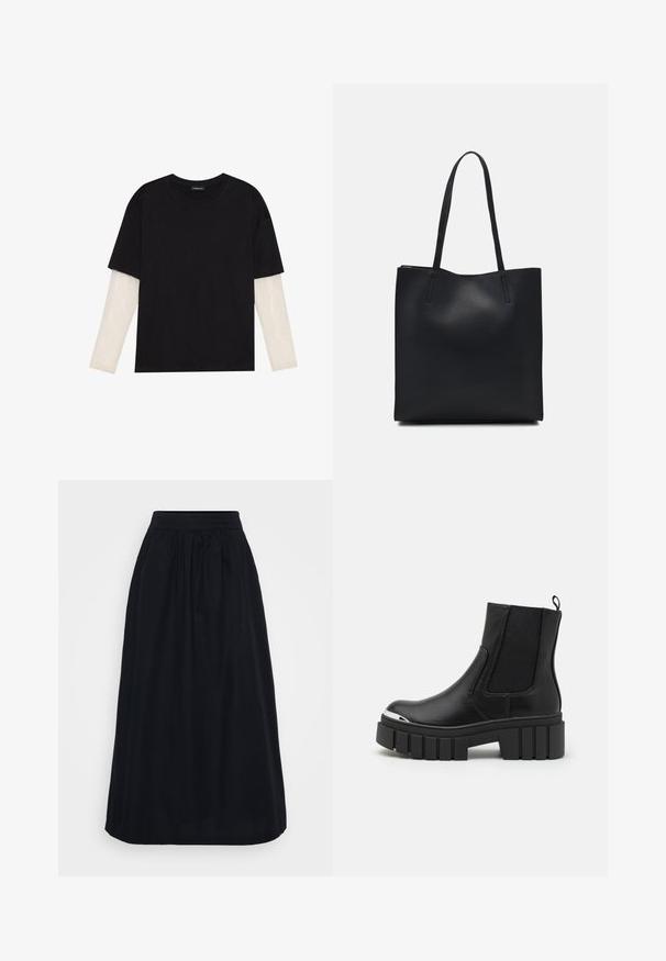 T-shirt preta de algodão, com mangas curtas sobre uma camada de mangas longas branca com um padrão texturizado subtil. Design de decote redondo.; Saia preta, até aos joelhos, feita de tecido liso, com um cós franzido e uma silhueta fluida. Sem padrões ou adornos visíveis.; Botas de tornozelo pretas feitas de couro liso, com painéis elásticos, uma sola de plataforma grossa e uma biqueira metálica.; Bolsa tote preta em couro com textura lisa, forma retangular e duas alças longas. Sem hardware ou enfeites visíveis.