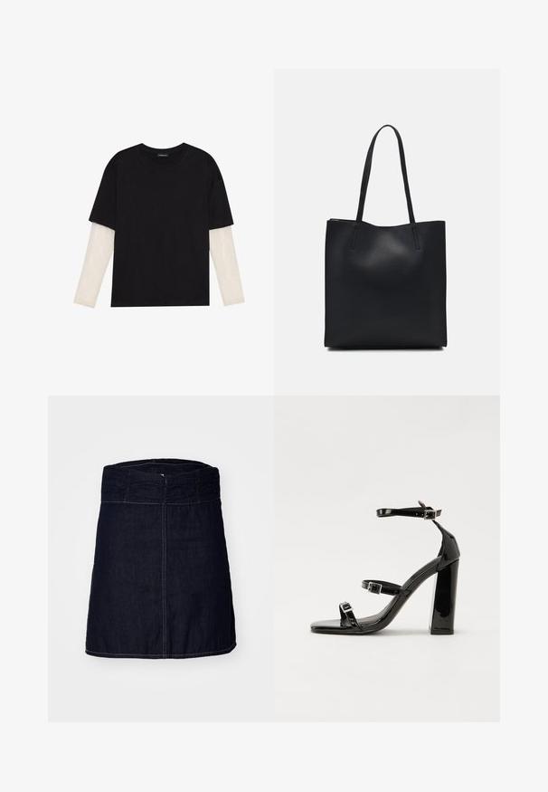 Black T-shirt made of cotton, featuring short sleeves over a white long-sleeve layer with a subtle textured pattern. Crew neckline design.; Denim skirt in dark indigo with a gathered elastic waistband, straight cut, and contrasting stitching along the hem and seams.; Black patent heeled sandals with a square toe, ankle straps, and silver buckles. Features a chunky block heel for stability.; Black leather tote bag with smooth texture, rectangular shape, and two long handles. No visible hardware or embellishments.