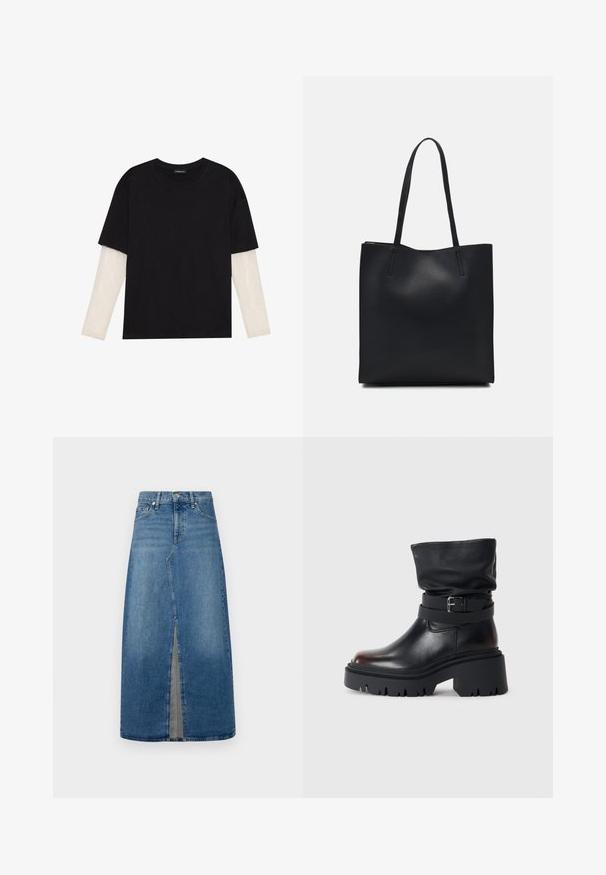 Schwarzes T-Shirt aus Baumwolle mit kurzen Ärmeln über einer weißen Langarmschicht, die ein dezentes strukturiertes Muster aufweist. Rundhalsausschnitt.; Denim-Midikleid mit Schlitz vorne. Hat eine schmale Taille, hellblaue Waschung, Gürtelschlaufen und klassisches Fünf-Taschen-Design.; Schwarze Leder-Stiefelette mit einem lässigen Schaft, Schnallenverzierung und dickem, robustem Absatz. Verfügt über eine runde Zehenpartie und eine glatte Textur.; Schwarze Laptoptasche aus Leder mit glatter Textur, rechteckiger Form und zwei langen Griffen. Keine sichtbaren Beschläge oder Verzierungen.