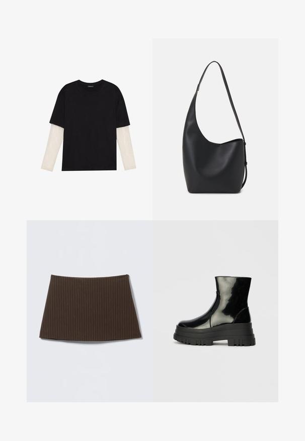 Fekete pamut póló, rövid ujjal, fehér hosszú ujjú réteg fölött, finom textúrával. Kerek nyakkivágású dizájn.; Barna tűsávos szoknya, testhezálló szabással, sima felülettel és bővülő szegéllyel, ideális szabott megjelenéshez.; Fekete fényes boka csizma vastag bordázott talppal és kerek orral, oldalnézet világos szürke háttér előtt.; Fekete bőr hobo táska sima textúrával, ívelt formával és egyetlen állítható pánttal; széles nyílás található a tetején.