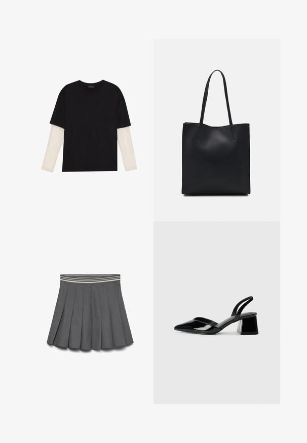 Zwarte T-shirt van katoen, met korte mouwen over een witte lange mouw laag met een subtiel textuurpatroon. Ronde hals ontwerp.; Donkergrijze plissé rok met een gestreepte elastische tailleband in lichte en donkere tinten, plat gelegd op een witte achtergrond.; Zwarte gepatineerde leren slingback hakken met een spitse neus en een geometrische blokhak. Kenmerkt zich door een slank, minimalistisch ontwerp en een gladde textuur.; Zwarte leren handtas met een gladde textuur, rechthoekige vorm en twee lange handvaten. Geen zichtbare hardware of versieringen.