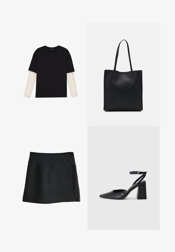 Camiseta negra de algodón, con mangas cortas sobre una capa blanca de manga larga con un patrón texturizado sutil. Diseño de escote redondeado.; Falda negra de textura suave, de diseño hasta la rodilla y una cinturilla elástica sencilla. Presenta una cremallera discreta en la parte posterior.; Zapato de tacón puntiagudo de cuero negro con tira en el tobillo y tacón ancho. Textura plana, diseño elegante y estética minimalista.; Bolso tote de cuero negro con textura lisa, forma rectangular y dos asas largas. Sin herrajes ni adornos visibles.