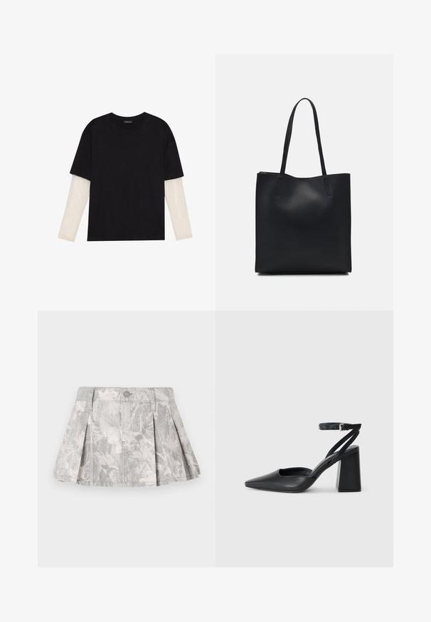 T-shirt preta de algodão, com mangas curtas sobre uma camada de mangas longas branca com um padrão texturizado subtil. Design de decote redondo.; Saia de ganga cinza com pregas, apresentando um padrão de folhas subtil em tons mais claros. Corte clássico com uma cintura e fecho de botão metálico.; Sandal com biqueira afilada em couro preto, com cinta no tornozelo e salto grosso. Textura lisa, design elegante e estética minimalista.; Bolsa tote preta em couro com textura lisa, forma retangular e duas alças longas. Sem hardware ou enfeites visíveis.
