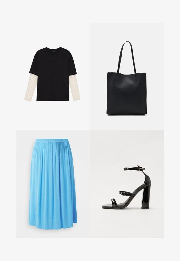 T-shirt preta de algodão, com mangas curtas sobre uma camada de mangas longas branca com um padrão texturizado subtil. Design de decote redondo.; Saia azul claro, até ao joelho, feita de tecido amarrotado com uma cintura elástica, apresentando um design fluido e plissado.; Sandálias de tacão preto laqueadas com bico quadrado, tiras para o tornozelo e fivelas prateadas. Apresentam um salto bloco chunky para estabilidade.; Bolsa tote preta em couro com textura lisa, forma retangular e duas alças longas. Sem hardware ou enfeites visíveis.