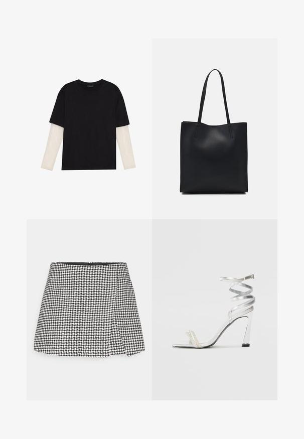 Mustmust särk, mis on valmistatud puuvillast, lühikeste varrukatega, valge pika varrukaga kihi peal, millel on peene tekstuuriga muster. Ümar kaelus.; Mustvalge houndstooth mini-seelik, sirge lõikega, külgseeliku lukuga ja struktureeritud kangaga. Üksne must sisevooder.; Hõbedased kõrge kontsaga sandaalid läikiva rihma disainiga, millel on pärlilaadne aktsent ja keerduv pahkluu rihm turvaliseks sobivuseks.; Mustast nahast kott sujuva tekstuuriga, ristkülikukujuline ja kahe pika sangaga. Pole nähtavat riistvara ega kaunistusi.