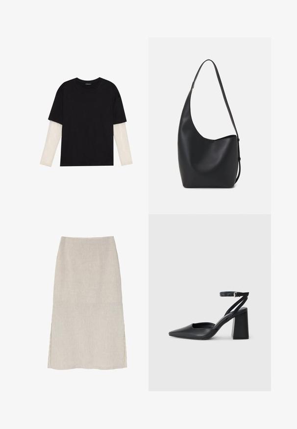 T-shirt nera in cotone con maniche corte sopra un sotto manica lunga bianca, caratterizzata da una sottile texture. Design con scollo rotondo.; Gonna in lino beige chiaro con silhouette dritta, spacco laterale e una finitura leggermente strutturata. Nessun hardware o decorazione visibile.; Pump in pelle nera con punta affusolata, cinturino alla caviglia e tacco spesso. Texture piatta, design elegante ed estetica minimalista.; Borsa hobo nera in pelle con una superficie liscia, forma curvata e una singola tracolla regolabile; presenta un'ampia apertura nella parte superiore.