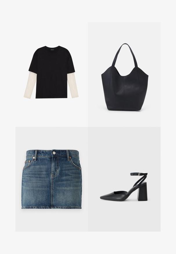 T-shirt noir en coton, avec des manches courtes sur une couche à manches longues blanche avec un motif texturé subtil. Col rond.; Jupe en denim mini en bleu foncé avec un design à cinq poches, une fermeture à bouton et des accents de couture visibles. Texture lisse avec un léger délavage.; Escarpin noir en cuir à bout pointu avec une bride de cheville et un talon épais. Texture lisse, design élégant et esthétique minimaliste.; Sac fourre-tout noir en cuir lisse, doté d'un haut ouvert et courbé avec deux brides d'épaule et un design minimaliste.