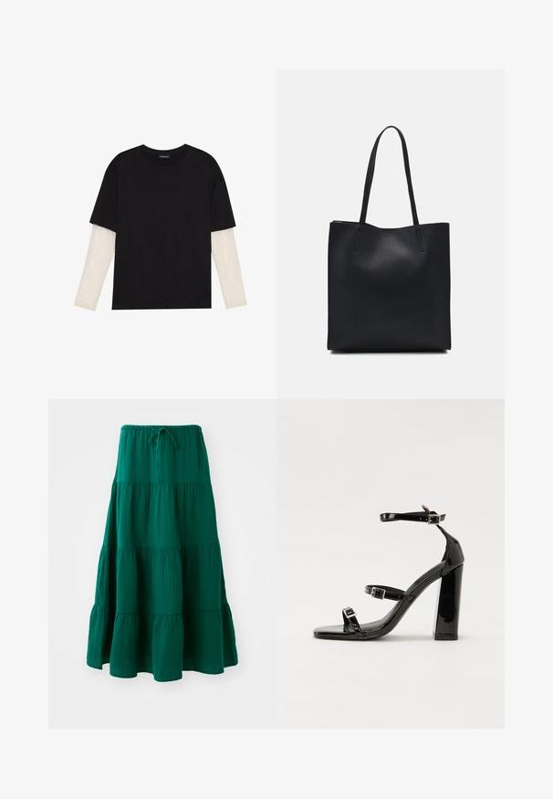 Black T-shirt made of cotton, featuring short sleeves over a white long-sleeve layer with a subtle textured pattern. Crew neckline design.; Green tiered maxi skirt made of lightweight fabric. Features a drawstring waistband and flared ruffles at the hem. Soft texture.; Black patent high-heeled sandals with two buckle straps, square toe, and a chunky block heel, featuring a smooth, glossy texture.; Black leather tote bag with smooth texture, rectangular shape, and two long handles. No visible hardware or embellishments.