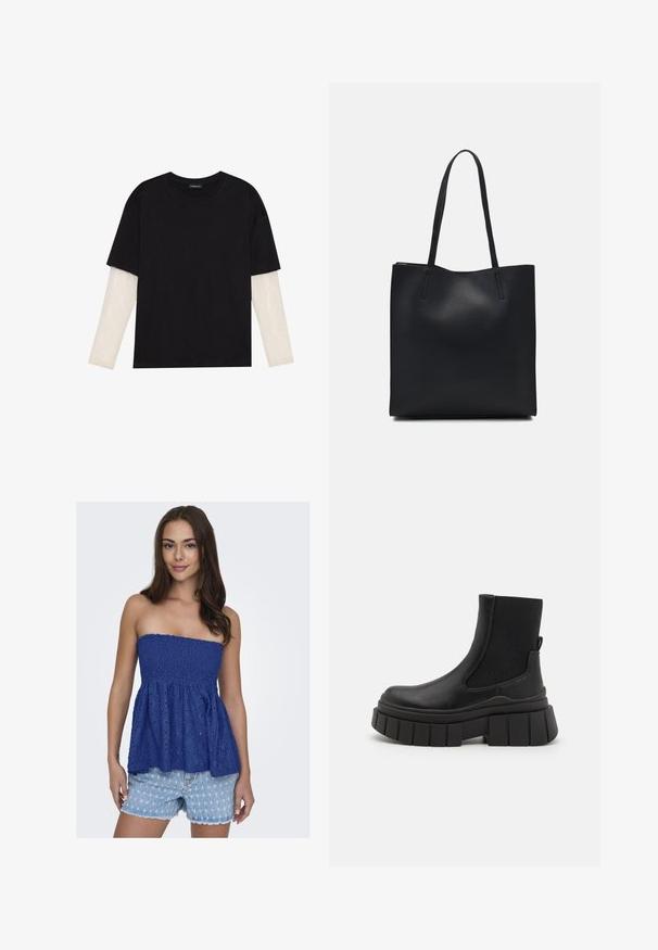 Črna majica iz bombaža s kratkimi rokavi, ki pokriva belo dolgi rokav z subtilnim teksturiranim vzorcem. Oblika izrezanega vratu.; Modra brezramna bluzica iz čipke z nabranim pasom, z ustvarjenim teksturiranim cvetličnim vzorcem. V kombinaciji z raztrganimi denim kratkimi hlačami.; Črne gležnjarje iz gladke usnje s elastikami na straneh, z masivnim podplatom in teksturiranim dizajnom podplata.; Črna usnjena torba s svilnato teksturo, pravokotne oblike in dvema dolgima ročajema. Brez vidnih metalnih delov ali okrasnih elementov.
