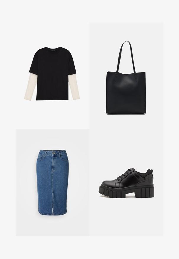 Camiseta negra de algodón, con mangas cortas sobre una capa blanca de manga larga con un patrón texturizado sutil. Diseño de escote redondeado.; Falda de mezclilla en azul medio, a la altura de la rodilla, de diseño ajustado con abertura en la parte frontal. Cuenta con cinco bolsillos y un cierre de botón con trabillas para cinturón.; Zapatos de plataforma de cuero negro con un tacón cuadrado grueso, punta redonda y diseño tradicional de cordones. Presenta una textura suave y un detalle minimalista.; Bolso tote de cuero negro con textura lisa, forma rectangular y dos asas largas. Sin herrajes ni adornos visibles.