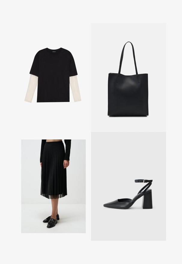 Zwarte T-shirt van katoen, met korte mouwen over een witte lange mouw laag met een subtiel textuurpatroon. Ronde hals ontwerp.; Zwarte geplooide rok van lichtgewicht stof, met een doorzichtige overlay, een aansluitende tailleband en een vloeiende silhouet.; Zwarte leren puntige pump met een enkelbandje en een chunky hak. Vlakke textuur, strakke vormgeving en minimalistische esthetiek.; Zwarte leren handtas met een gladde textuur, rechthoekige vorm en twee lange handvaten. Geen zichtbare hardware of versieringen.