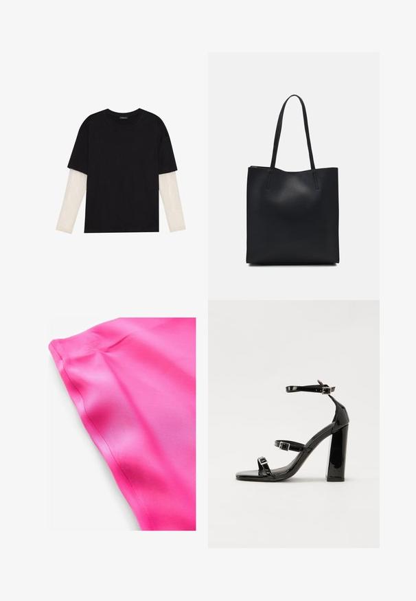 Camiseta negra de algodón, con mangas cortas sobre una capa blanca de manga larga con un patrón texturizado sutil. Diseño de escote redondeado.; Tela de satén de color rosa brillante con una textura suave, con un borde limpio y un brillo sutil. No hay patrones ni detalles adicionales visibles.; Sandalias de tacón de charol negro con punta cuadrada, correas en el tobillo y hebillas plateadas. Presentan un tacón grueso para mayor estabilidad.; Bolso tote de cuero negro con textura lisa, forma rectangular y dos asas largas. Sin herrajes ni adornos visibles.