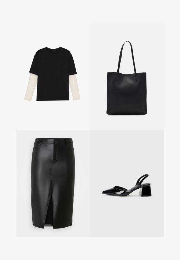Black T-shirt made of cotton, featuring short sleeves over a white long-sleeve layer with a subtle textured pattern. Crew neckline design.; Black leather pencil skirt with a high slit, featuring front pockets, a button closure, and smooth texture.; Black patent leather slingback heels with a pointed toe and a geometric block heel. Features a sleek, minimal design and smooth texture.; Black leather tote bag with smooth texture, rectangular shape, and two long handles. No visible hardware or embellishments.