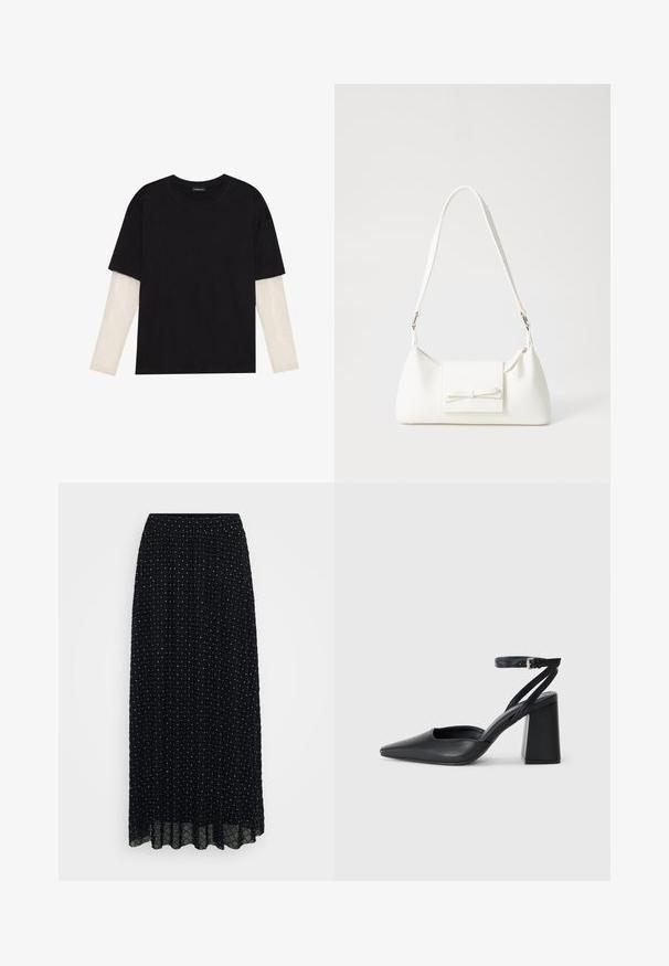 Black T-shirt made of cotton, featuring short sleeves over a white long-sleeve layer with a subtle textured pattern. Crew neckline design.; Black maxi skirt with an elastic waistband, featuring a textured pattern of diamonds and dots throughout, and a sheer hemline.; Black leather pointy-toe pump with an ankle strap and a chunky heel. Flat texture, sleek design, and minimalistic aesthetics.; White synthetic handbag with a triangular shape, flat front flap and bow detail, adjustable strap, smooth texture, and minimalistic design.