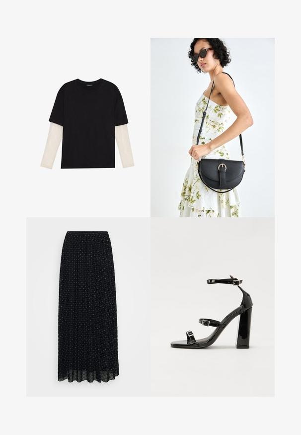 Black T-shirt made of cotton, featuring short sleeves over a white long-sleeve layer with a subtle textured pattern. Crew neckline design.; Black maxi skirt with an elastic waistband, featuring a textured pattern of diamonds and dots throughout, and a sheer hemline.; Black patent heeled sandals with a square toe, ankle straps, and silver buckles. Features a chunky block heel for stability.; Black leather handbag with a curved shape, detachable strap, and gold hardware. The bag features a flap with a buckle detail.