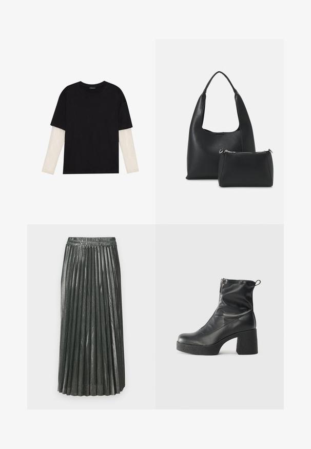 Mustmust särk, mis on valmistatud puuvillast, lühikeste varrukatega, valge pika varrukaga kihi peal, millel on peene tekstuuriga muster. Ümar kaelus.; Metallikroheline voltitud seelik, millel on elastne vöökoht. Sellel on kitsad, vertikaalsed voldid ja keskmise pikkusega disain, mis loob struktureeritud silueti.; Mustad mustad ansapüksid, mis on valmistatud siledast nahast, külje zipperiga, paksu tekstuuriga kontsaga ja ümmarguse nina disainiga.; Even&Odd Käekott - black