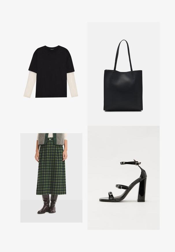 Schwarzes T-Shirt aus Baumwolle mit kurzen Ärmeln über einer weißen Langarmschicht, die ein dezentes strukturiertes Muster aufweist. Rundhalsausschnitt.; Grün und marineblau karierte Midirock aus strukturiertem Stoff, mit Falten und geradem Schnitt, kombiniert mit knielangen braunen Lederstiefeln.; Schwarze patentierte Sandalen mit Absatz, quadratischer Spitze, Knöchelriemen und silbernen Schnallen. Mit einem stabilen Blockabsatz für mehr Stabilität.; Schwarze Laptoptasche aus Leder mit glatter Textur, rechteckiger Form und zwei langen Griffen. Keine sichtbaren Beschläge oder Verzierungen.