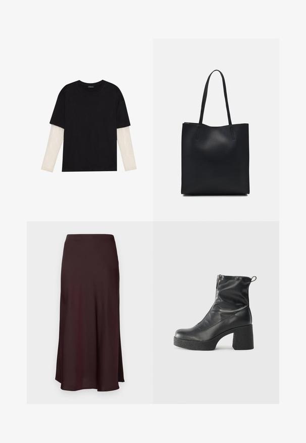 Black T-shirt made of cotton, featuring short sleeves over a white long-sleeve layer with a subtle textured pattern. Crew neckline design.; Burgundy satin midi skirt with a smooth texture, a straight fit, and a slightly flared hem. No visible patterns or hardware details.; Black ankle boots made of smooth leather, featuring a side zipper, chunky textured heel, and rounded toe design.; Black leather tote bag with smooth texture, rectangular shape, and two long handles. No visible hardware or embellishments.