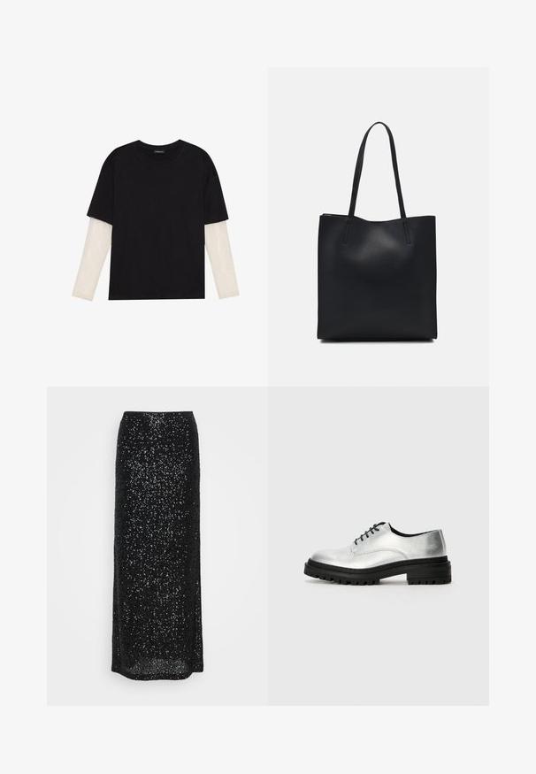 Sort T-shirt lavet af bomuld, med korte ærmer over et hvidt langærmet lag med et subtilt tekstureret mønster. Design med rund hals.; Sort glitrende maxiskørt med en tætsiddende silhuet, der har en glat tekstur og et gulvlangt design, der fremhæver reflekterende udsmykninger.; Sølv læder oxfordsko med rund tå, sort gummisål og sorte snørebånd. Har minimal syning langs siderne.; Sort læder tote taske med glat tekstur, rektangulær form og to lange hanke. Ingen synlig hardware eller udsmykninger.
