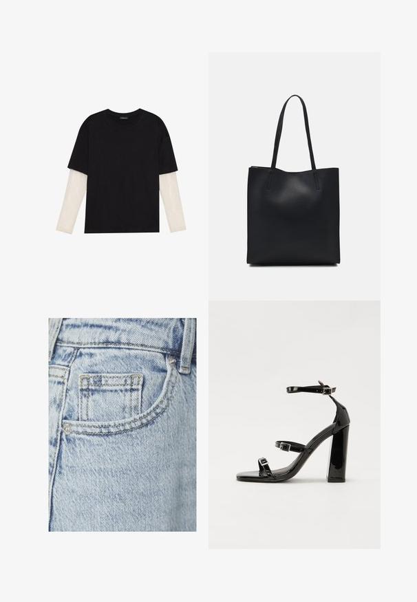 Svart T-skjorte laget av bomull, med korte ermer over et hvitt langermet lag med en subtil teksturert mønster. Rund hals design.; Lys blå denimjeans med en liten baklomme med synlig søm og en metallnitar, som viser en subtil falmet tekstur.; Svart høyglans sandaler med hæl, firkantet tå, ankelremmer og sølvspenner. Har en kraftig blokkhæl for stabilitet.; Svart lær tote bag med glatt tekstur, rektangulær form og to lange håndtak. Ingen synlige deler eller dekorasjoner.