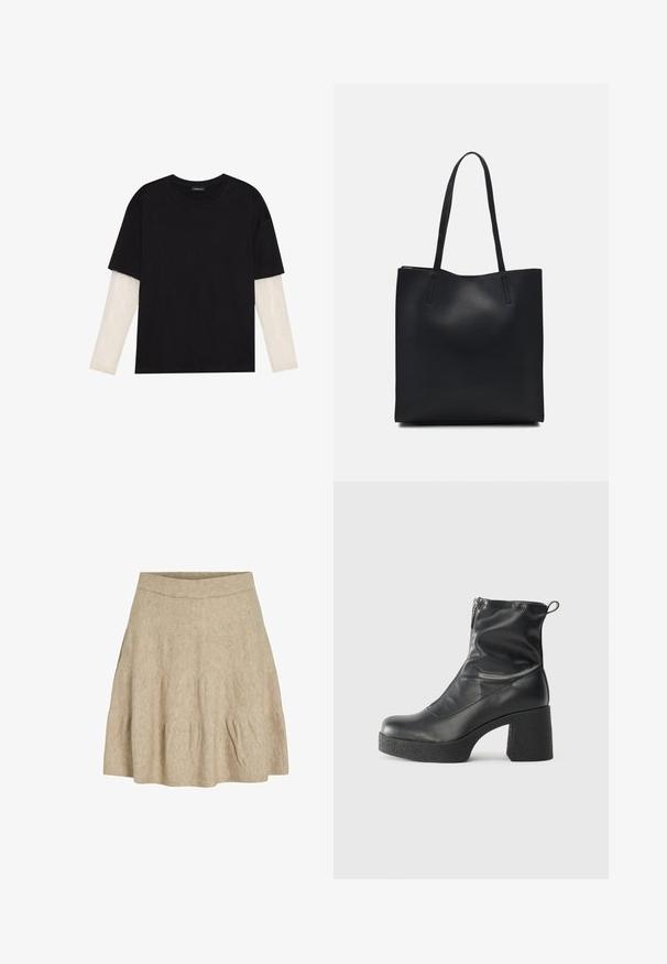 Čierne tričko z bavlny, s krátkymi rukávmi cez biele tričko s dlhým rukávom, s jemným textúrovaným vzorom. Design s okrúhlym výstrihom.; Krátka béžová sukňa z mäkkej, textúrovanej tkaniny s rebrovaným pásom a jemným skladaním pri hranách.; Čierne členkové topánky z hladkej kože, so bočným zipsom, robustnou textúrovanou pätnou časťou a zaobleným dizajnom špičky.; Čierna kožená taška na rameno s hladkým povrchom, obdĺžnikovým tvarom a dvoma dlhými uchami. Bez viditeľného kovania alebo ozdôb.
