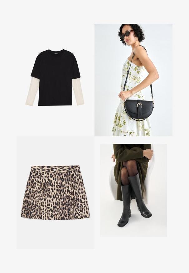 Črna majica iz bombaža s kratkimi rokavi, ki pokriva belo dolgi rokav z subtilnim teksturiranim vzorcem. Oblika izrezanega vratu.; Denim krilo s leopardjim potiskom, ki ima visok pas, sprednji gumb za zapiranje in dva stranska žepa z vrvico.; Črne usnjene čevlje do kolen s kvadratnim prstom in blok peto, prikazani na modelu, ki sedi v olivno zeleni plašču. Gladka tekstura, minimalne podrobnosti.; Črna usnjena torbica s ukrivljeno obliko, z odstranljivo naramnico in zlatimi dodatki. Torbica ima pokrov s podrobnostmi v obliki zaponke.