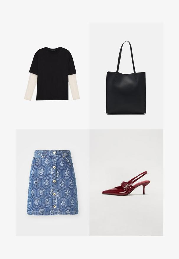 Μαύρο μπλουζάκι από βαμβάκι, με κοντά μανίκια πάνω από ένα λευκό μπλουζάκι με μακριά μανίκια και διακριτό υφασμάτινο σχέδιο. Σχέδιο με στρογγυλή λαιμόκοψη.; Τζιν φούστα με μπλε λουλουδάτο σχέδιο, διαθέτει μπροστινή κλείσιμο με κουμπιά και τσέπες, A-line κοπή και αντιθετικές λεπτομέρειες ραφής.; Κόκκινα παπούτσια slingback από πατεντέ δέρμα με μυτερή μύτη, δύο λουράκια με πόρπες και λεπτό, μεσαίου ύψους στυλέτο τακούνι. Λείος υφασμάτινος σχεδιασμός.; Μαύρη δερμάτινη τσάντα tote με λείο υφή, ορθογώνιο σχήμα και δύο μακριές λαβές. Χωρίς ορατό υλικό ή διακοσμητικά στοιχεία.
