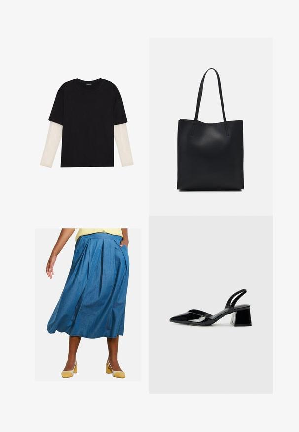 Melna kokvilnas T-kreklu ar īsām piedurknēm, virs baltas garām piedurknēm ar smalku teksturētu rakstu. Apaļas kakla izgriezuma dizains.; Denim midi svārki ar krokām, ar augstu vidukli un sānu kabatām, vidēji zilā tonī, ar gludu tekstūru.; Melna lakota āda ar atvērto papēdi, ar smailu purngalu un ģeometrisku blokpapēdi. Iezīmējas elegants, minimāls dizains un gluda tekstūra.; Melnas ādas somiņa ar gludu tekstūru, taisnstūra formu un divām garām rokturiem. Nav redzamu aparatūras vai rotājumu.