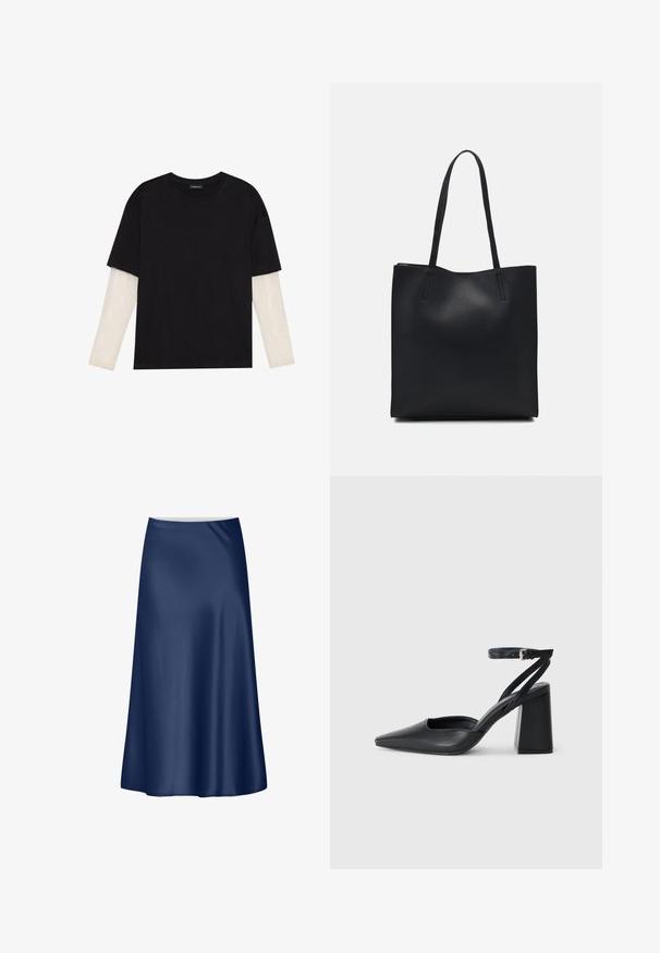 Mustmust särk, mis on valmistatud puuvillast, lühikeste varrukatega, valge pika varrukaga kihi peal, millel on peene tekstuuriga muster. Ümar kaelus.; Tumedat satäänist A-line seelik, millel on sile tekstuur, voolujooneline disain ja keskmise pikkusega lõige. Omab puhtalt kujundatud vöökohta, ilma lisadeta.; Mustmustest must-käigukingad, millel on konksuga nöör ja paks konts. Ühtlane tekstuur, stiilne disain ja minimalistlik esteetika.; Mustast nahast kott sujuva tekstuuriga, ristkülikukujuline ja kahe pika sangaga. Pole nähtavat riistvara ega kaunistusi.