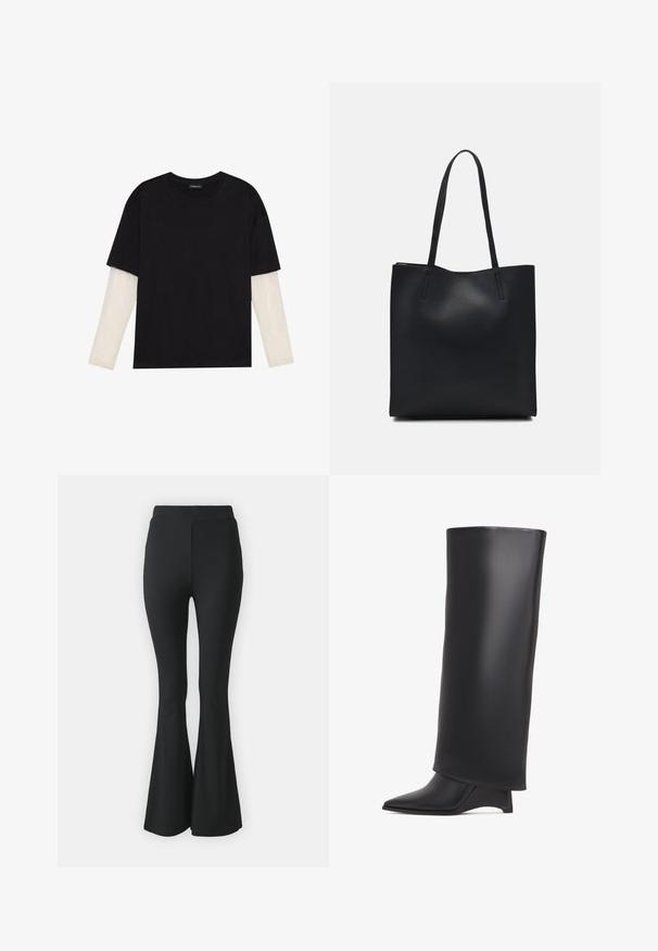 Black T-shirt made of cotton, featuring short sleeves over a white long-sleeve layer with a subtle textured pattern. Crew neckline design.; Black flared trousers made from stretchy fabric. Features a high waistband and a smooth, fitted design that flares from the knee downward.; Black knee-high boot made of smooth leather, featuring a pointed toe and a triangular heel. Designed with a sleek, smooth upper.; Black leather tote bag with smooth texture, rectangular shape, and two long handles. No visible hardware or embellishments.