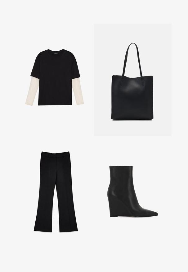 Mustmust särk, mis on valmistatud puuvillast, lühikeste varrukatega, valge pika varrukaga kihi peal, millel on peene tekstuuriga muster. Ümar kaelus.; Mustad flared püksid sujuva tekstuuriga, kahte esipleeti ja keskmise kõrgusega vöökoht, loodud kohandatud istuvuseks.; Mustast nahast konknokkadega saapad, millel on terav varvas ja sile, voolujooneline disain kumeriku siluettiga.; Mustast nahast kott sujuva tekstuuriga, ristkülikukujuline ja kahe pika sangaga. Pole nähtavat riistvara ega kaunistusi.