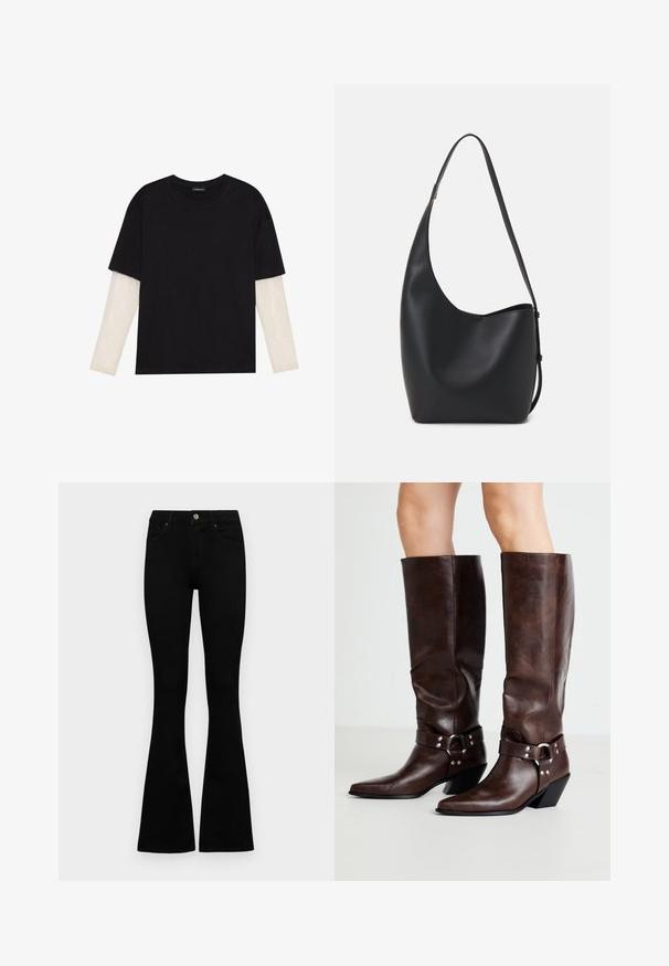 Tricou negru din bumbac, cu mâneci scurte, peste un strat alb cu mâneci lungi, având un model texturat subtil. Design cu guler rotund.; Jeans negri cu evazare din denim. Au un sistem de închidere cu buton, cinci buzunare și o textură netedă. Evazarea începe sub genunchi.; RAID NEVIS - Cizme cowboy/biker - brown; Geantă hobo din piele neagră, cu o textură netedă, formă curbată și un singur bretele ajustabil; are o deschidere largă în partea de sus.