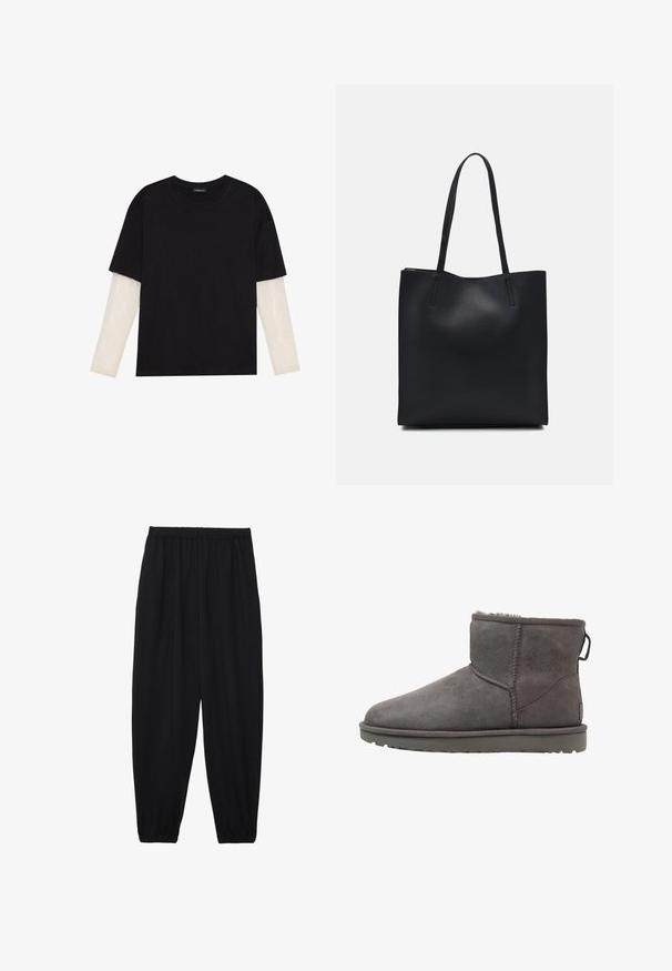 Čierne tričko z bavlny, s krátkymi rukávmi cez biele tričko s dlhým rukávom, s jemným textúrovaným vzorom. Design s okrúhlym výstrihom.; Čierne, ľahké nohavice s elastickým pásom a zúženými nohavicami. Tkanina je hladká a má voľný, zúžený strih.; Šedé semišové členkové topánky s okrúhlym špicom, podšívkou z ovčej vlny a plochou gumovou podrážkou. Obsahujú štítok s logom a prešité švy.; Čierna kožená taška na rameno s hladkým povrchom, obdĺžnikovým tvarom a dvoma dlhými uchami. Bez viditeľného kovania alebo ozdôb.