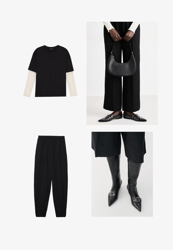 Sort T-shirt lavet af bomuld, med korte ærmer over et hvidt langærmet lag med et subtilt tekstureret mønster. Design med rund hals.; Sort, lette bukser med elastisk talje og sammenfoldede ankler. Stoffet er glat og har et afslappet, indsnævret design.; Sorte læder knæhøje støvler med spidse tæer og sølv spændeaccent. Har en lynlås på indersiden og en glat tekstur.; Sort læder skuldertaske med rund form, glat finish og sølv hardware. Person iført sorte brede bukser og nitter loafers.