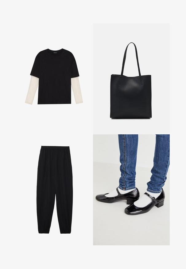 T-shirt preta de algodão, com mangas curtas sobre uma camada de mangas longas branca com um padrão texturizado subtil. Design de decote redondo.; Calças pretas, leves, com um cinto elástico e punhos franzidos. O tecido é suave e apresenta um design relaxado e afunilado.; Sapatos pretos de couro envernizado estilo Mary Jane com bico quadrado, pequeno salto, tira no tornozelo e meias brancas, combinados com jeans skinny azuis.; Bolsa tote preta em couro com textura lisa, forma retangular e duas alças longas. Sem hardware ou enfeites visíveis.