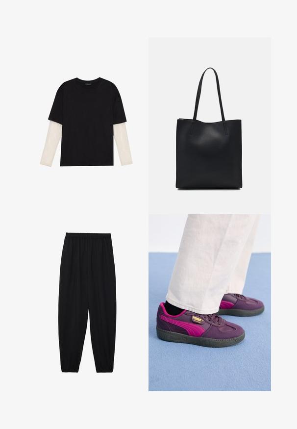 Črna majica iz bombaža s kratkimi rokavi, ki pokriva belo dolgi rokav z subtilnim teksturiranim vzorcem. Oblika izrezanega vratu.; Črne, lahke hlače z elastičnim pasom in nabranimi gležnji. Tkanina je gladka in ima sproščen, taperiran dizajn.; Vijolične in roza superge z gumijastim podplatom, ki imajo teksturirano površino, vezalke in zlat brand na strani. Bele hlače kontrastirajo s čevlji.; Črna usnjena torba s svilnato teksturo, pravokotne oblike in dvema dolgima ročajema. Brez vidnih metalnih delov ali okrasnih elementov.