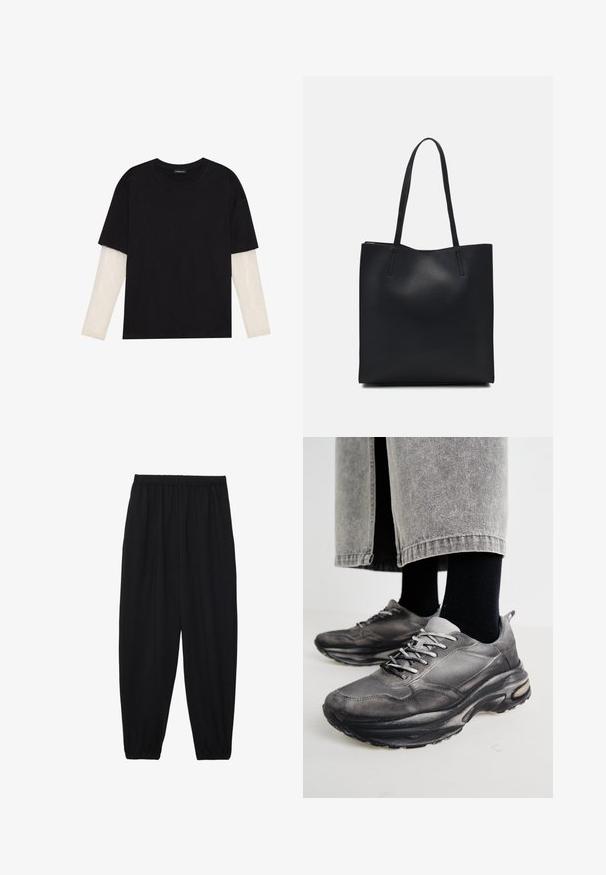 Mustapaita, joka on valmistettu puuvillasta ja jossa on lyhyet hihat valkoisen pitkähihasen kerroksen päällä, jossa on hienovarainen teksturoitu kuvio. Pyöreä kaula-aukko.; Mustat, kevyet housut, joissa on joustava vyötärö ja kerätyt nilkat. Kangas on sileä ja siinä on rento, kapeneva muotoilu.; Musta ja harmaa urheilukengät sisältävät verkkomateriaalista valmistetun päällisen, paksut pohjat ja nauhat. Kenkien kärki on pyöristetty ja niissä on näkyvää pehmustusta.; Mustapahkainen kangaskassi, jossa on sileä pinta, suorakaiteen muotoinen ja kaksi pitkää kahvaa. Ei näkyvää metalliosaa tai koristeita.