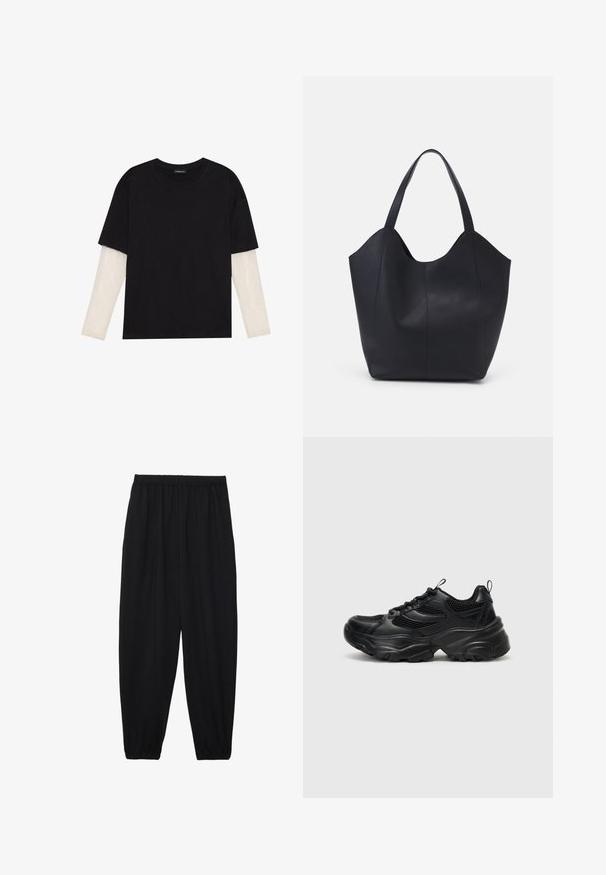 Black T-shirt made of cotton, featuring short sleeves over a white long-sleeve layer with a subtle textured pattern. Crew neckline design.; Black, lightweight pants with an elastic waistband and gathered ankles. The fabric is smooth and features a relaxed, tapered design.; Even&Odd Trainers - black; Black tote bag made of smooth leather, featuring a curved, open top with two shoulder straps and a minimalist design.