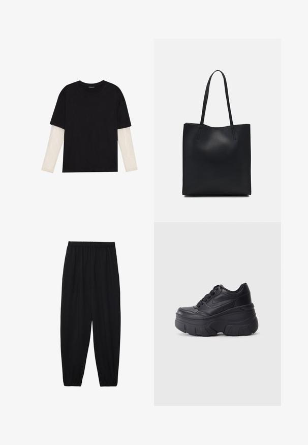 Black T-shirt made of cotton, featuring short sleeves over a white long-sleeve layer with a subtle textured pattern. Crew neckline design.; Black, lightweight pants with an elastic waistband and gathered ankles. The fabric is smooth and features a relaxed, tapered design.; Black lace-up sneakers with a chunky sole, featuring smooth leather upper, rounded toe, and distinct layered platform design.; Black leather tote bag with smooth texture, rectangular shape, and two long handles. No visible hardware or embellishments.