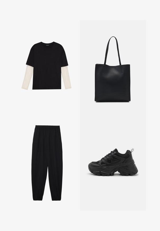 Black T-shirt made of cotton, featuring short sleeves over a white long-sleeve layer with a subtle textured pattern. Crew neckline design.; Black, lightweight pants with an elastic waistband and gathered ankles. The fabric is smooth and features a relaxed, tapered design.; Black athletic shoes with a textured mesh upper, curved rubber sole, and prominent tread pattern. Features integrated lacing and pull tab.; Black leather tote bag with smooth texture, rectangular shape, and two long handles. No visible hardware or embellishments.