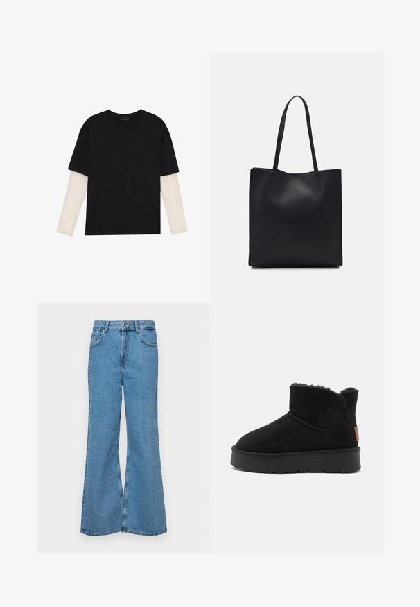 Camiseta negra de algodón, con mangas cortas sobre una capa blanca de manga larga con un patrón texturizado sutil. Diseño de escote redondeado.; Jeans acampanados de color azul claro hechos de denim, con una cintura alta, cinco bolsillos y un cierre de botón. Textura suave con acabado desgastado.; Botín de ante negro con puntera redondeada, suave forro interior y suela de goma texturizada. Cuenta con una plataforma ligeramente elevada.; Bolso tote de cuero negro con textura lisa, forma rectangular y dos asas largas. Sin herrajes ni adornos visibles.