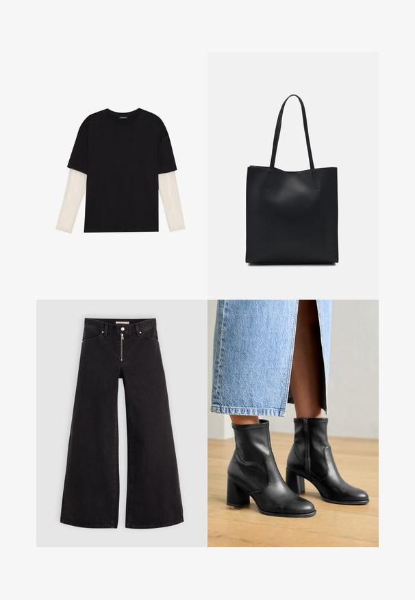 Črna majica iz bombaža s kratkimi rokavi, ki pokriva belo dolgi rokav z subtilnim teksturiranim vzorcem. Oblika izrezanega vratu.; Široke traperice iz črnega denima z zadrgo spredaj, petimi žepi in diskretnimi šivi. Gladka tekstura in ležeren slog.; Črne usnjene gležnjarje z blok peto, z elastinimi stranskimi pannami in gladkim finišem, oblečene s svetlo modro jeans krilo.; Črna usnjena torba s svilnato teksturo, pravokotne oblike in dvema dolgima ročajema. Brez vidnih metalnih delov ali okrasnih elementov.