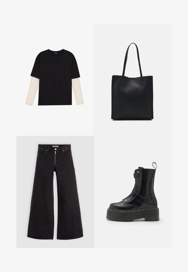 Tricou negru din bumbac, cu mâneci scurte, peste un strat alb cu mâneci lungi, având un model texturat subtil. Design cu guler rotund.; Jeans cu picioare largi din denim negru, cu fermoar în față, design cu cinci buzunare și detalii subtile de cusătură. Textură netedă și stil casual.; Dr. Martens JETTA HI MAX - Botine cu platformă - black; Geantă tote neagră din piele, cu textură netedă, formă rectangulară și două mânere lungi. Fără hardware vizibil sau ornamente.