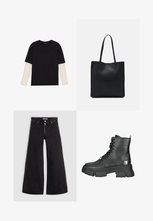 Černé tričko z bavlny s krátkým rukávem, pod kterým je bílá podvlékací halenka s dlouhým rukávem a jemným texturovaným vzorem. Design s kulatým výstřihem.; Džíny s širokými nohavicemi v černém denimovém provedení se zipem vpředu, pěti kapsami a jemnými švy. Hladká textura a ležérní styl.; Černé kožené kotníkové boty s masivní platformou, kulatou špičkou a předním šněrováním s kovovými úchyty a zadním poutkem.; Černá kožená taška přes rameno s hladkým povrchem, obdélníkovým tvarem a dvěma dlouhými uchy. Žádné viditelné kování ani ozdoby.