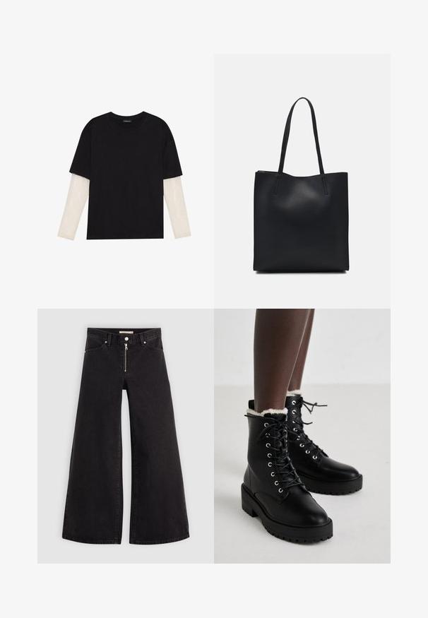 Črna majica iz bombaža s kratkimi rokavi, ki pokriva belo dolgi rokav z subtilnim teksturiranim vzorcem. Oblika izrezanega vratu.; Široke traperice iz črnega denima z zadrgo spredaj, petimi žepi in diskretnimi šivi. Gladka tekstura in ležeren slog.; Črne vezalne gležnarje z debelimi podplati in belo flisasto oblogo nosi oseba, ki stoji na svetlem tlaku.; Črna usnjena torba s svilnato teksturo, pravokotne oblike in dvema dolgima ročajema. Brez vidnih metalnih delov ali okrasnih elementov.